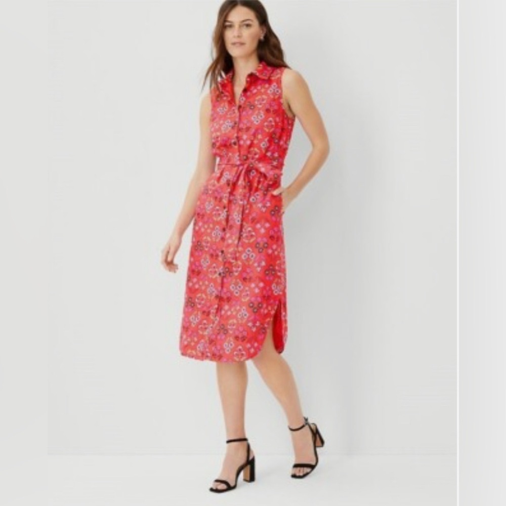 Ann Taylor Red Floral Linen Blend Shirt Dress Sleeveless Pockets Midi Belt US 10